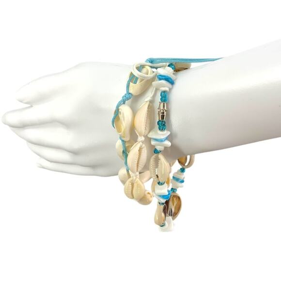 Set of 3 Cowrie Shell Bracelets Blue White - Picture 1 of 3